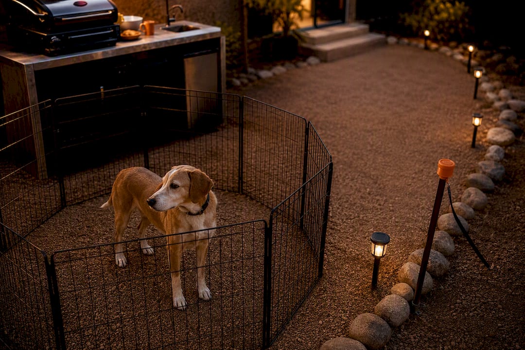 Dog exercise pen with lit RV site walkway