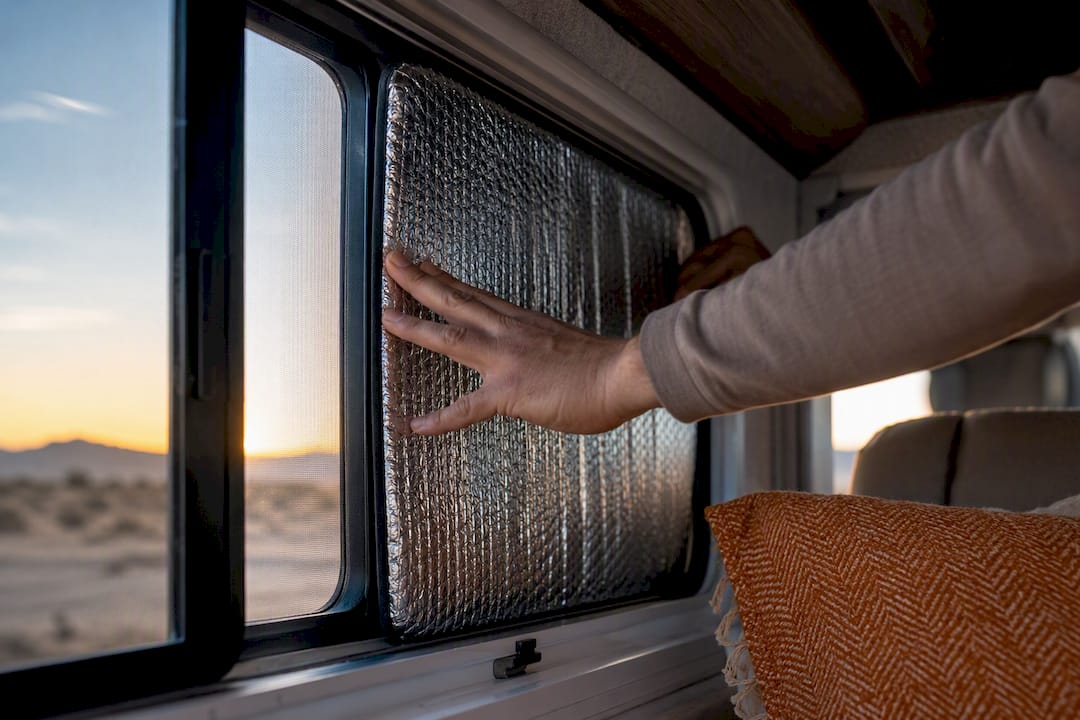 Hands fitting reflective cover inside RV window