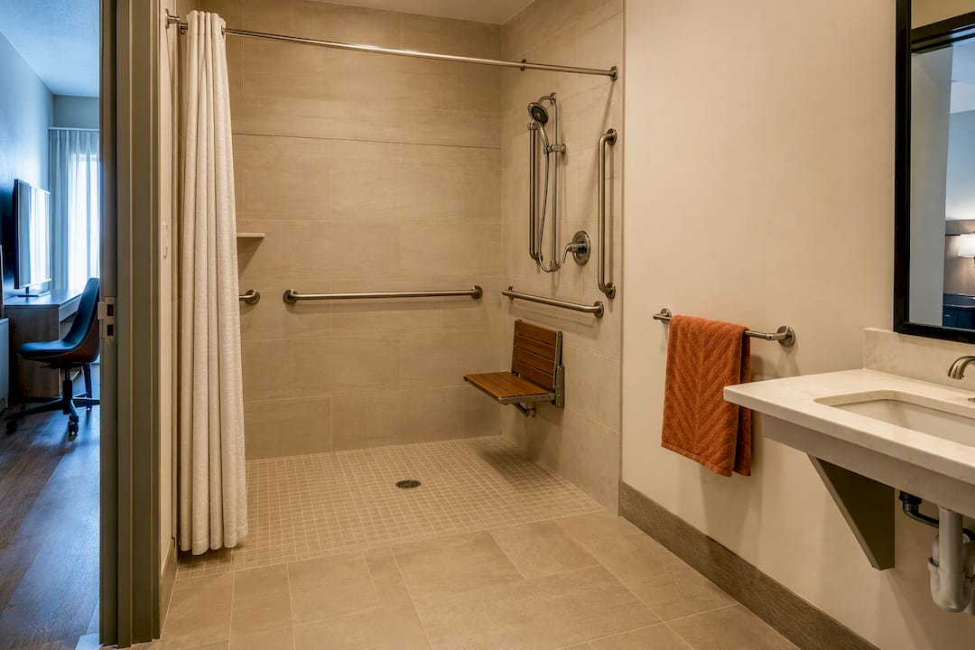 Accessible lodging bathroom with grab bars