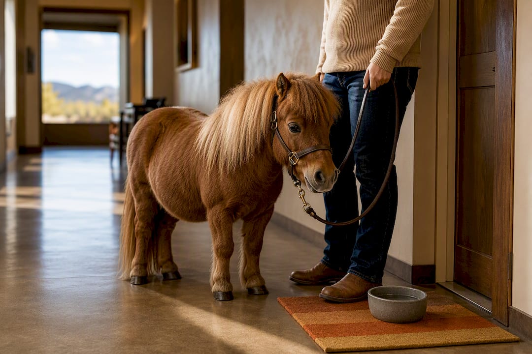 Miniature horse beside handler in lodge corridor