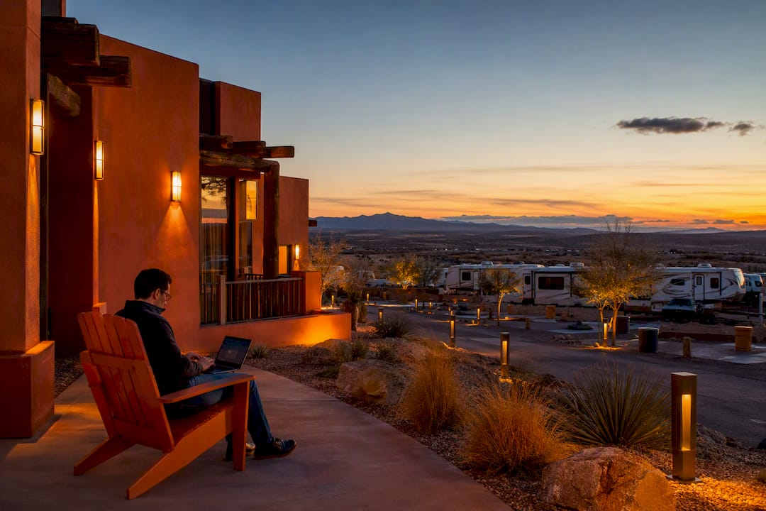 Desert lodge and RV park at sunset
