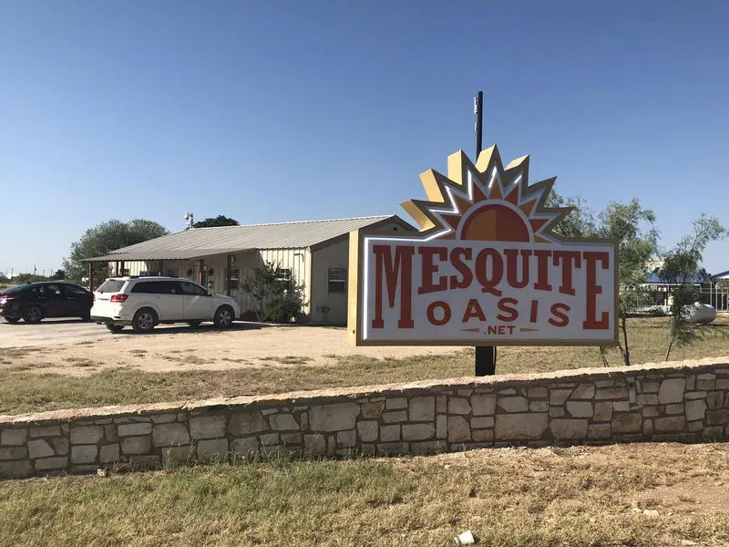 Mesquite Oasis RV Park entrance sign on West 42nd Street in Odessa, Texas
